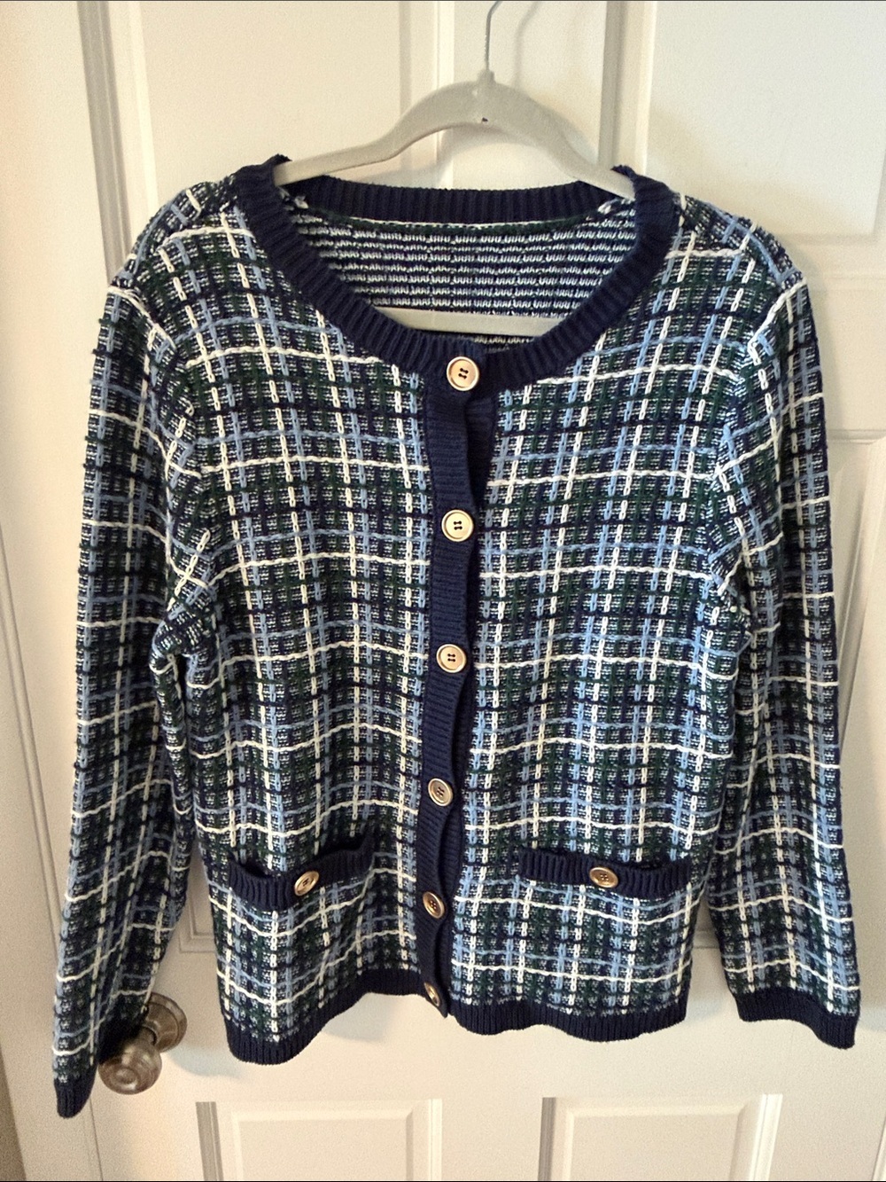 Appleseed's Plaid Button Front Cardigan Sweater Crewneck Blue Green Knit M